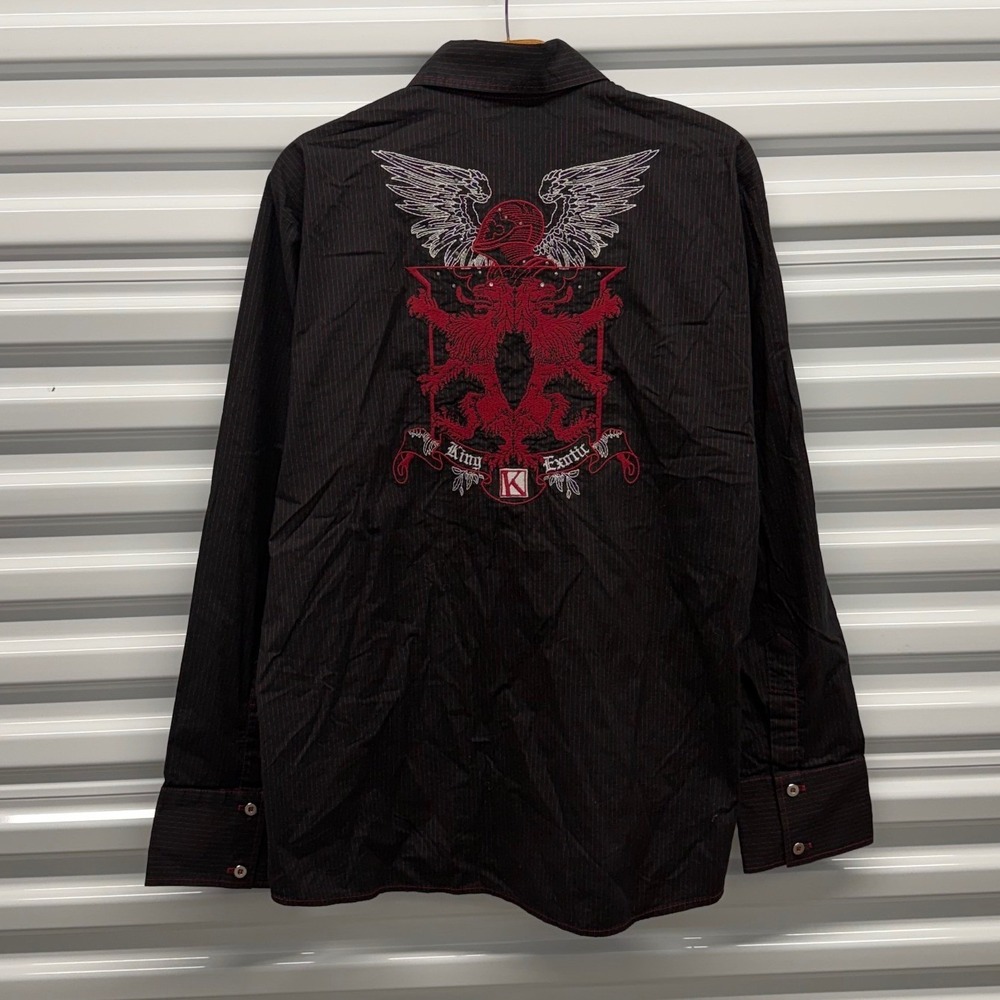 Vintage Y2K King Exotic Grunge Skater Long Sleeve Button Up Black Mens XXL Shirt